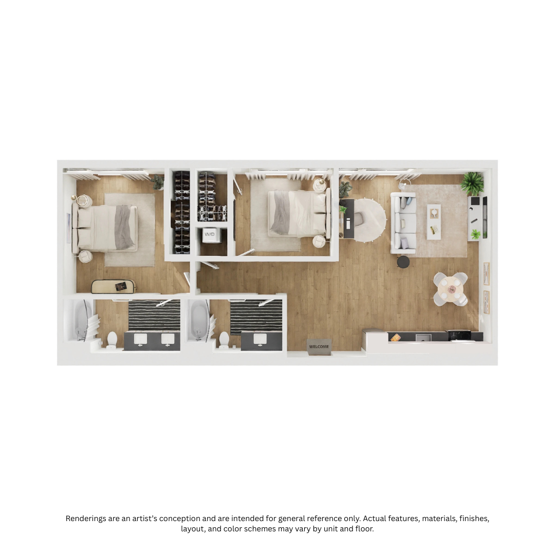 Floor plan for 2 beds, 2 baths, 963 sqft